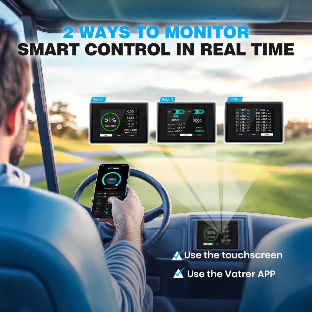 VATRER POWER 48V 150Ah Lithium Golf Cart Battery, Built-in Smart 200A BMS, with Touch Monitor  Mobile APP, 4000+ Cycles Rechargeable LiFePO4 Battery, Max 10.24kW Power Output, Perfect for Golf Carts