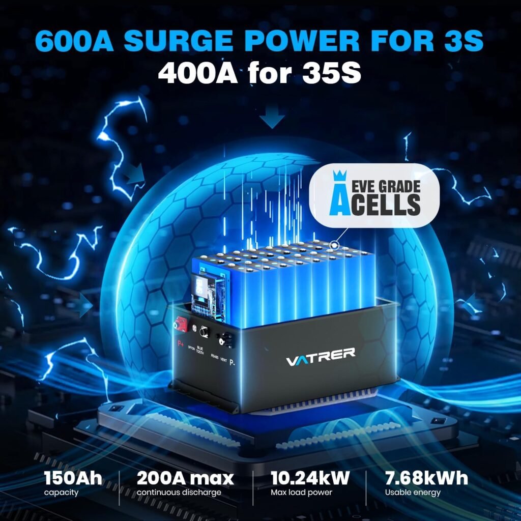 VATRER POWER 48V 150Ah Lithium Golf Cart Battery, Built-in Smart 200A BMS, with Touch Monitor  Mobile APP, 4000+ Cycles Rechargeable LiFePO4 Battery, Max 10.24kW Power Output, Perfect for Golf Carts