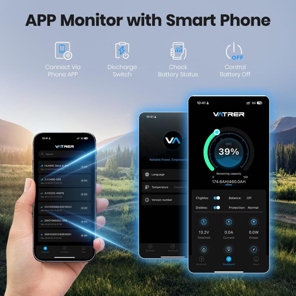 VATRER POWER 12.8V 460Ah Self-Heating LiFePO4 RV Battery, APP Monitoring