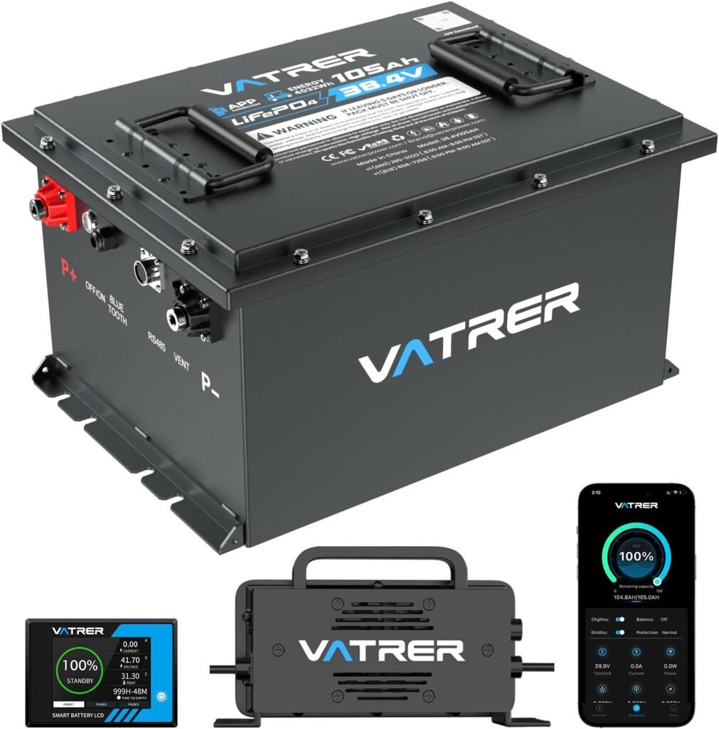 VATRER POWER 38.4V 105Ah LiFePO4 Golf Cart Battery, Built-in Smart 200A BMS, with Touch Monitor, 4000+ Cycles Rechargeable Lithium Battery, Max 7.68kW Power Output, Perfect for Golf Carts, Off-grid