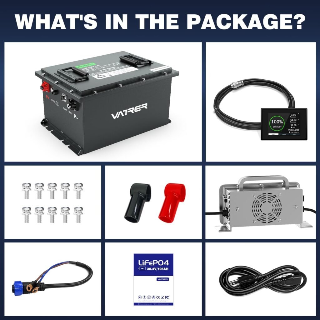 VATRER POWER 38.4V 105Ah LiFePO4 Golf Cart Battery, Built-in Smart 200A BMS, with Touch Monitor, 4000+ Cycles Rechargeable Lithium Battery, Max 7.68kW Power Output, Perfect for Golf Carts, Off-grid