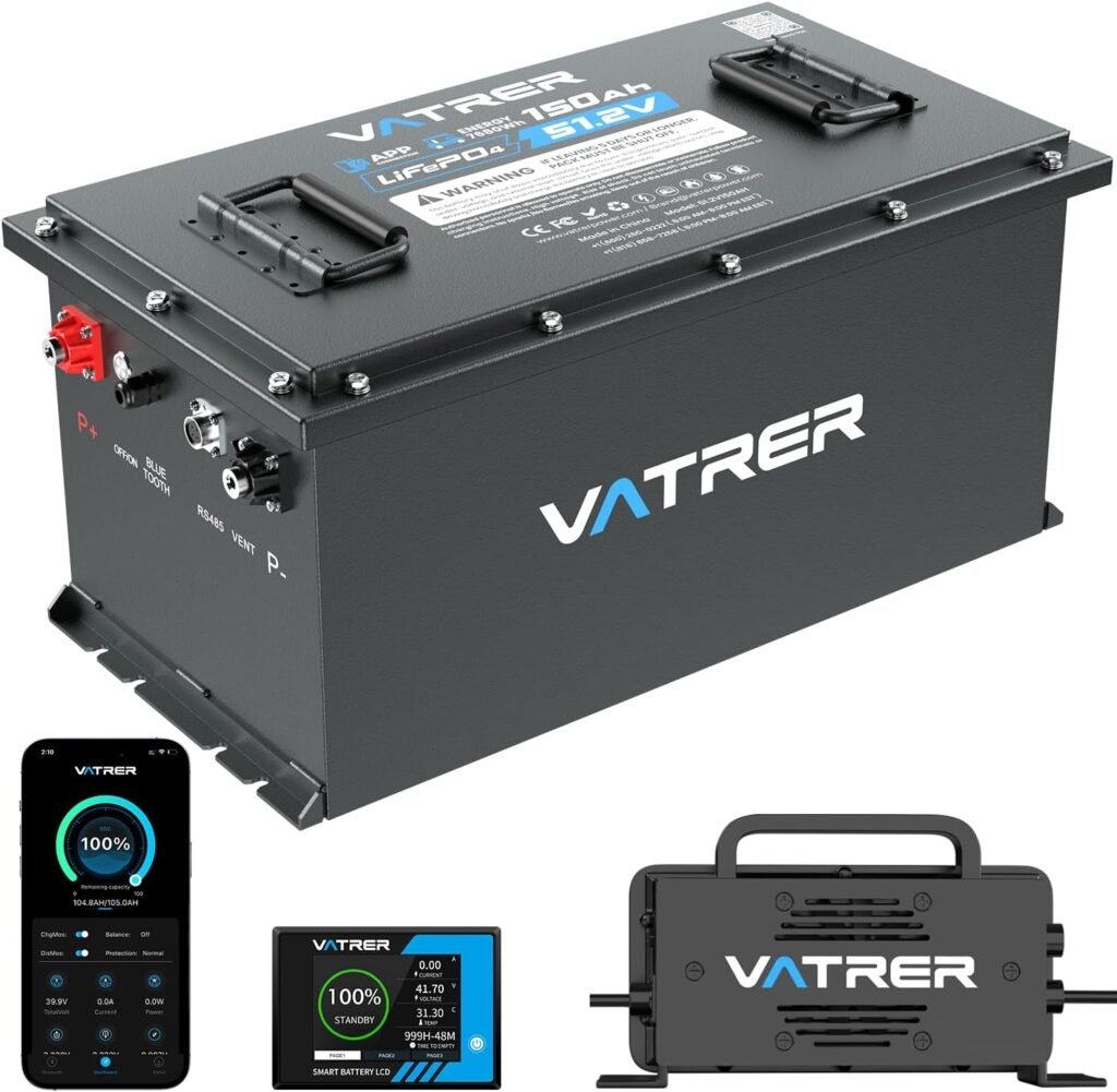 VATRER POWER 48V 150Ah Lithium Golf Cart Battery, Built-in Smart 200A BMS | Touch Monitor Mobile APP, 4000+ Cycles Rechargeable LiFePO4 Battery, Max 10.24kW Power Output, Perfect for Golf Carts