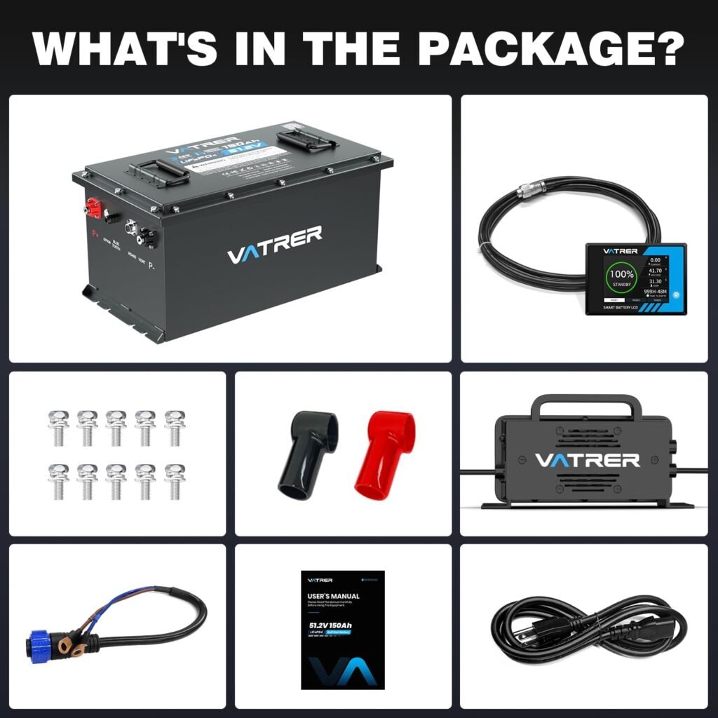 VATRER POWER 48V 150Ah Lithium Golf Cart Battery, Built-in Smart 200A BMS | Touch Monitor Mobile APP, 4000+ Cycles Rechargeable LiFePO4 Battery, Max 10.24kW Power Output, Perfect for Golf Carts