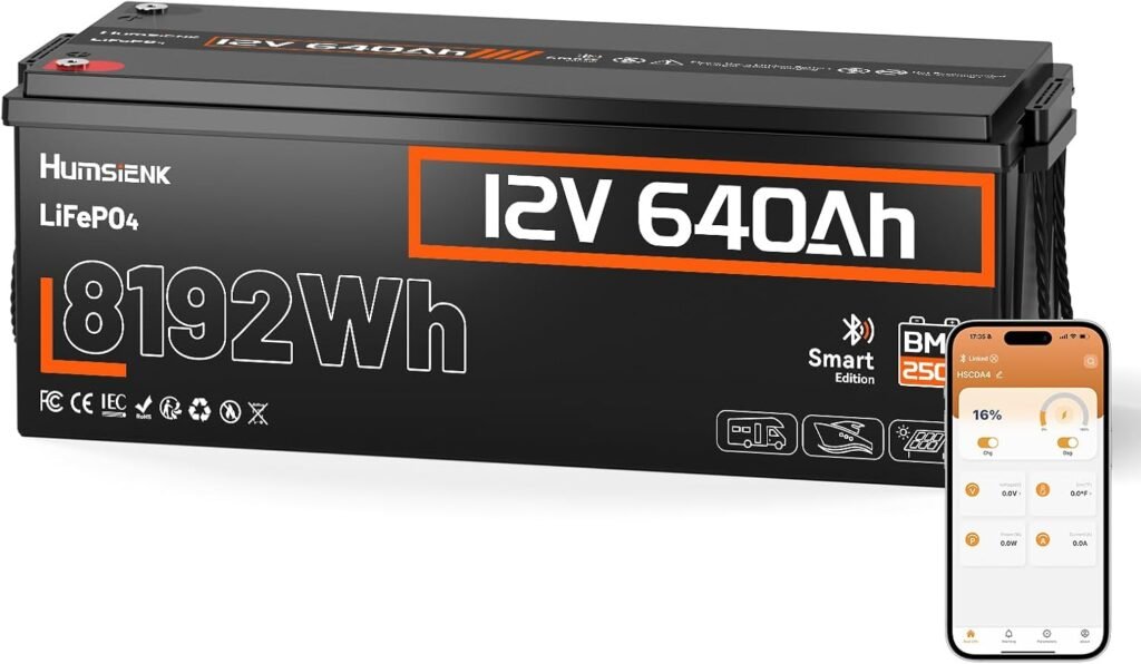 HumsiENK 12V 640Ah LiFePO4 Lithium Battery (250A BMS) with Bluetooth, Deep Cycles 600Ah+ LiFePO4 Battery, Low Temp Protection, 8192Wh Energy Perfect for Off-Grid, Home Backup, Solar Energy