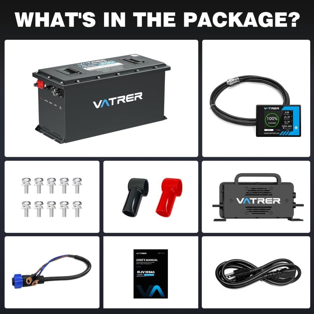 VATRER POWER 48V 105Ah Narrow Lithium Golf Cart Battery, Built-in Smart 200A BMS, with Touch Monitor  APP, 4000+ Cycles LiFePO4 Battery, Max 10.24kW Power Output, 2C Discharge, Perfect for Golf Carts