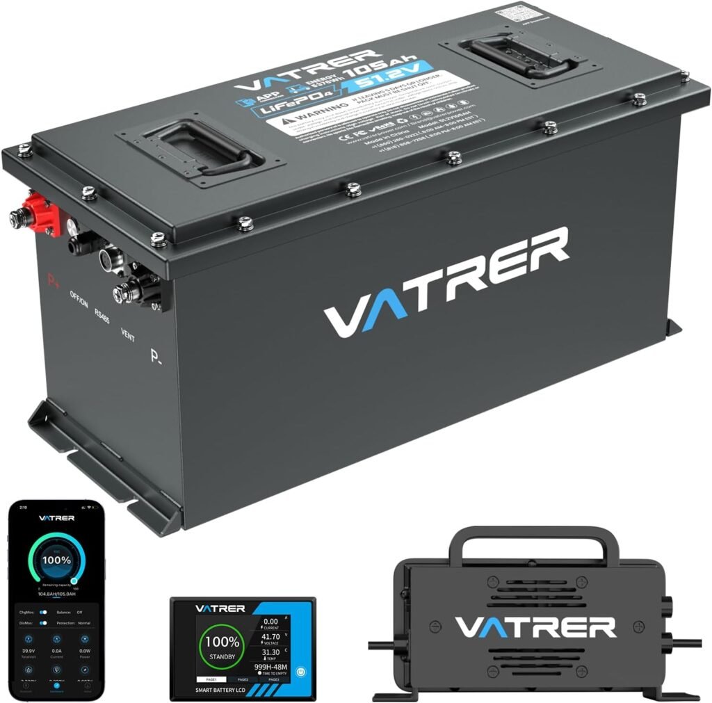 VATRER POWER 48V 105Ah Narrow Lithium Golf Cart Battery, Built-in Smart 200A BMS, with Touch Monitor  APP, 4000+ Cycles LiFePO4 Battery, Max 10.24kW Power Output, 2C Discharge, Perfect for Golf Carts
