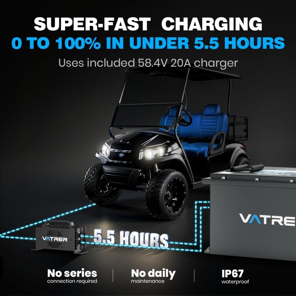 VATRER POWER 48V 105Ah Narrow Lithium Golf Cart Battery, Built-in Smart 200A BMS, with Touch Monitor  APP, 4000+ Cycles LiFePO4 Battery, Max 10.24kW Power Output, 2C Discharge, Perfect for Golf Carts