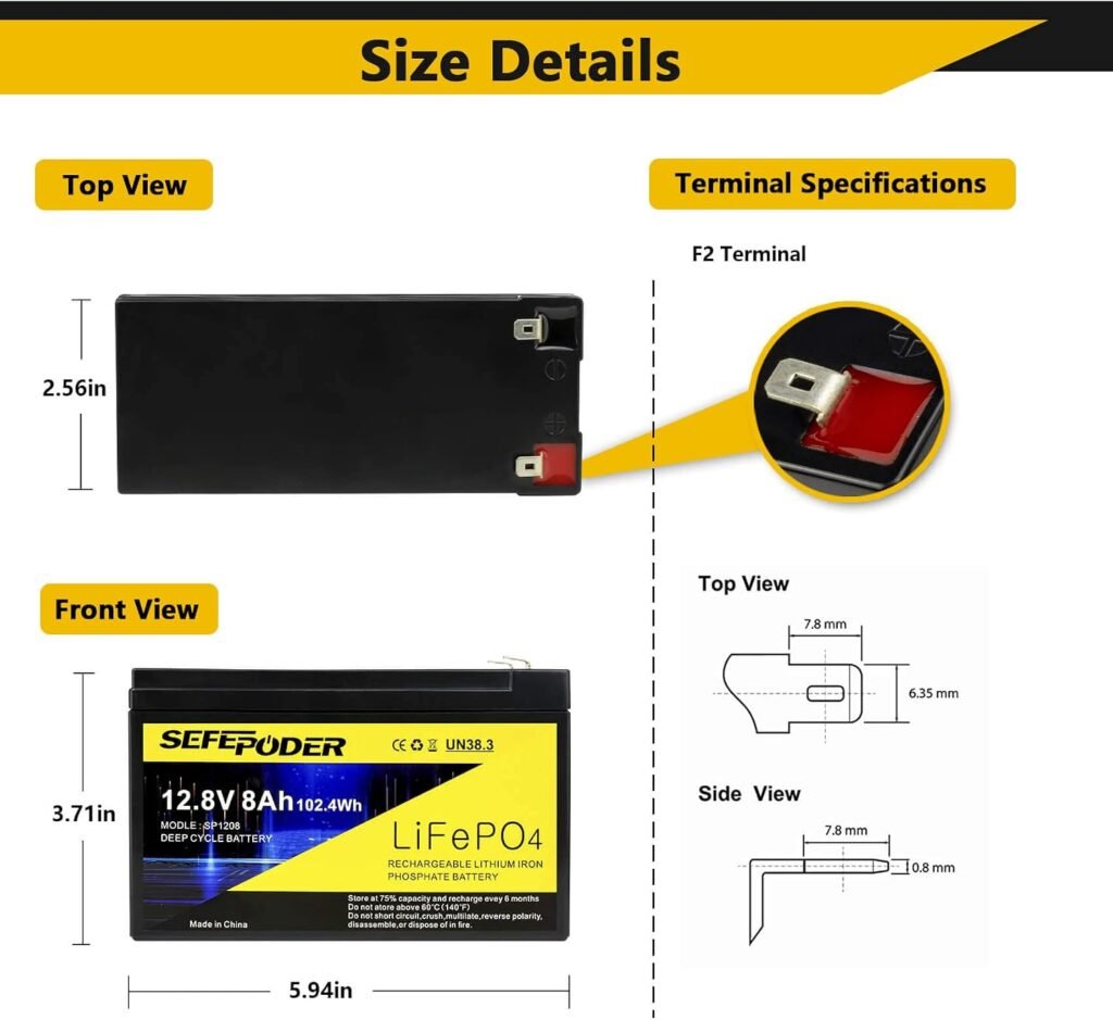 SEFEPODER 12V 8Ah Lifepo4 Lithium Deep Cycle Battery Pack, 2000+ Cycle Rechargeable Battery for Small Solar, Power Wheels, Lighting, Fish Finder, Off-Grid Applications with Built-in 10A BMS