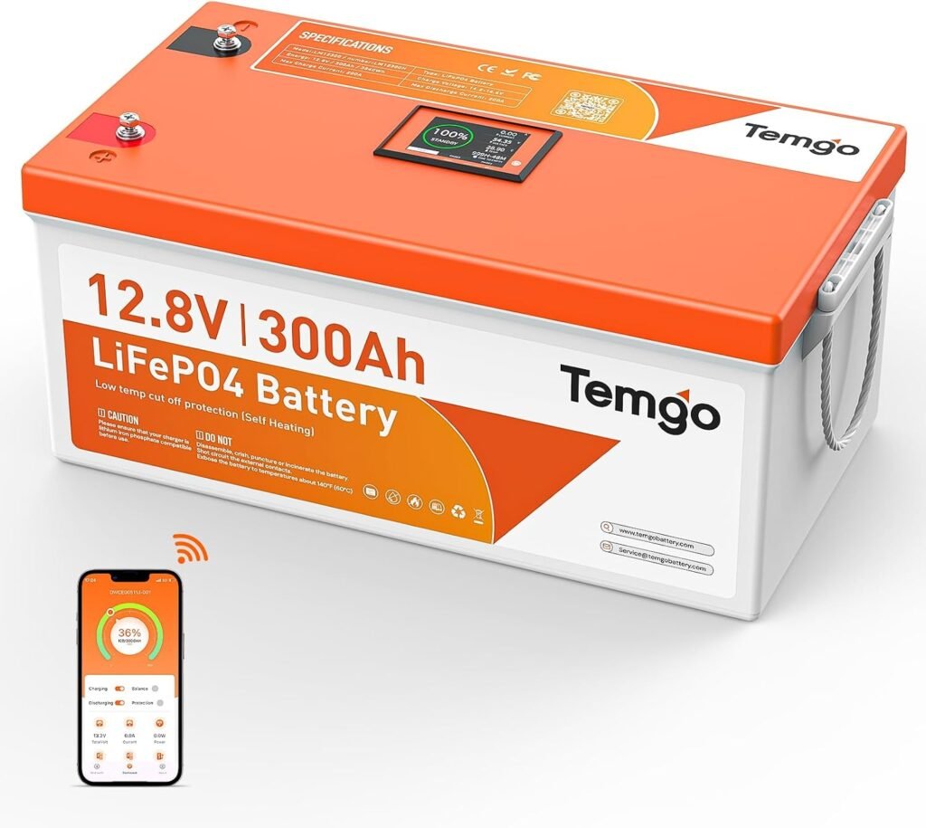TEMGO 12V 300Ah Self-Heating LiFePO4 Lithium Battery with Touchable Screen, APP Monitoring, Built-in 200A BMS, Max 3840W Load Power,5000+ Cycles, Perfect for RV/Camper, Solar